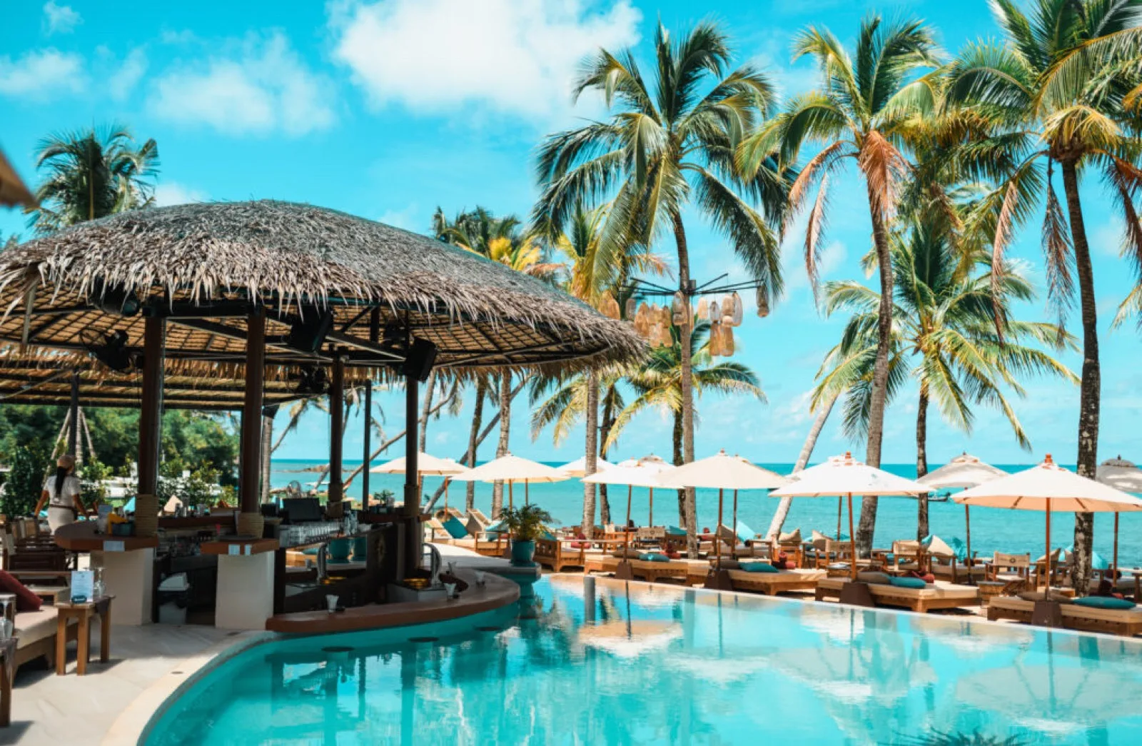 Carpe Diem Beach Club seafront pool with thatched bar and white umbrellas on Bang Tao Beach, Phuket