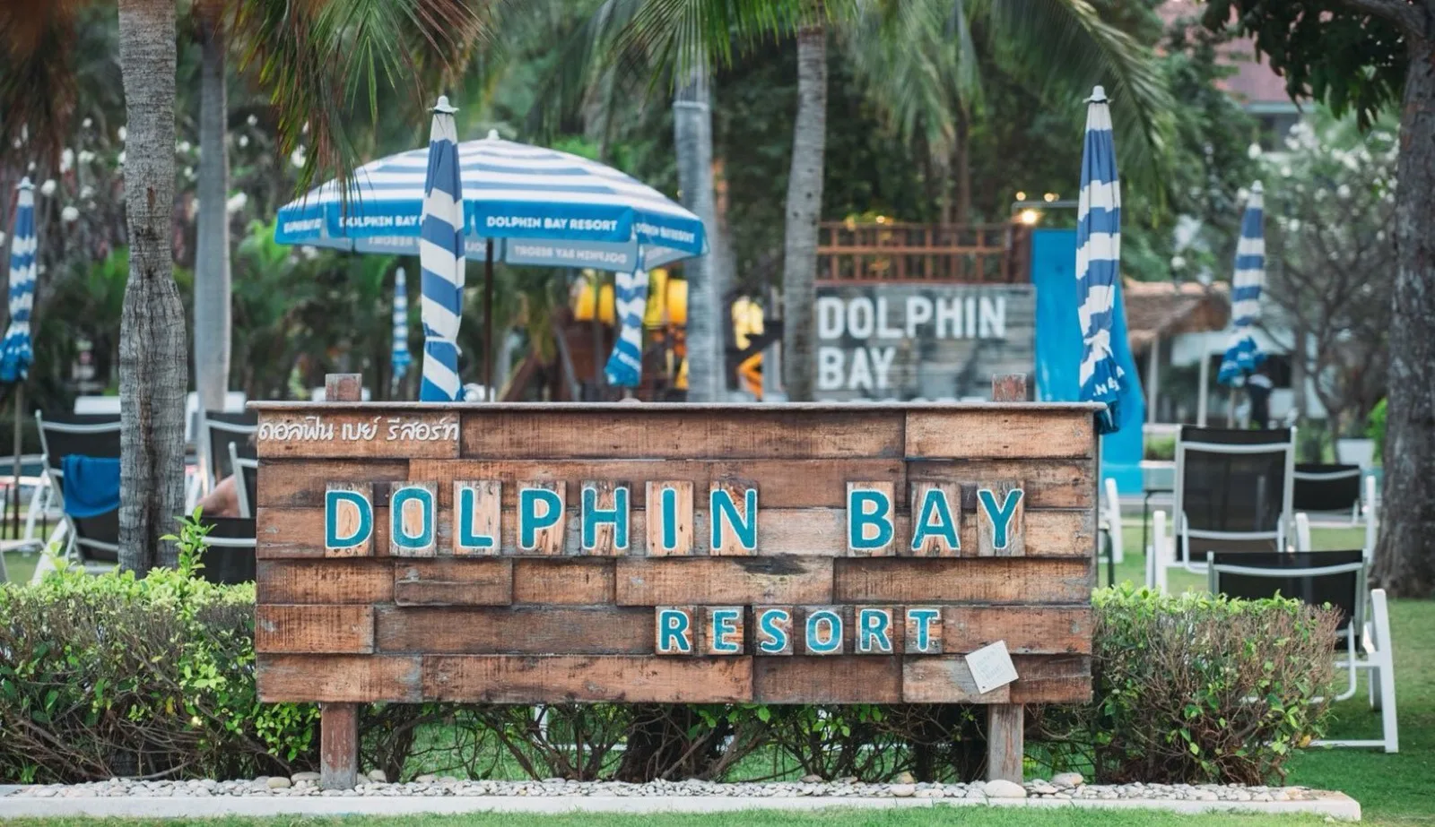 Wooden Dolphin Bay Resort sign beside the pool deck