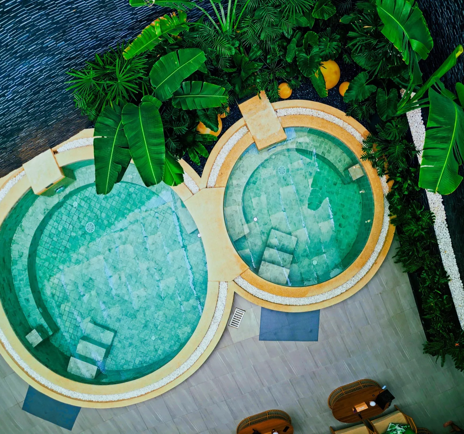 Hot and cold plunge baths from above at Legacy Spa Koh Samui