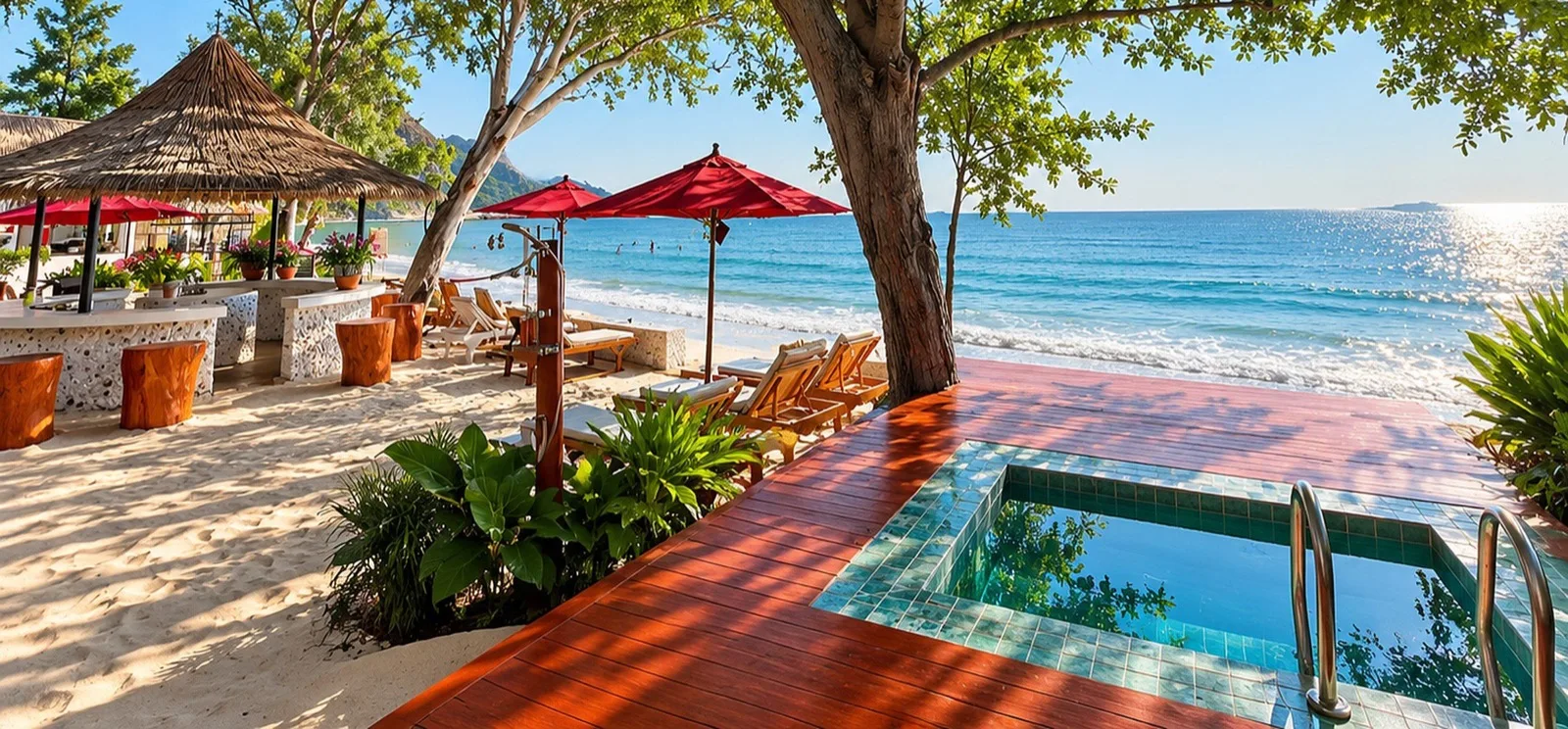 Plunge pool on a wooden deck facing the sea at Mama Daeng Beach Sauna, Khao Takiab