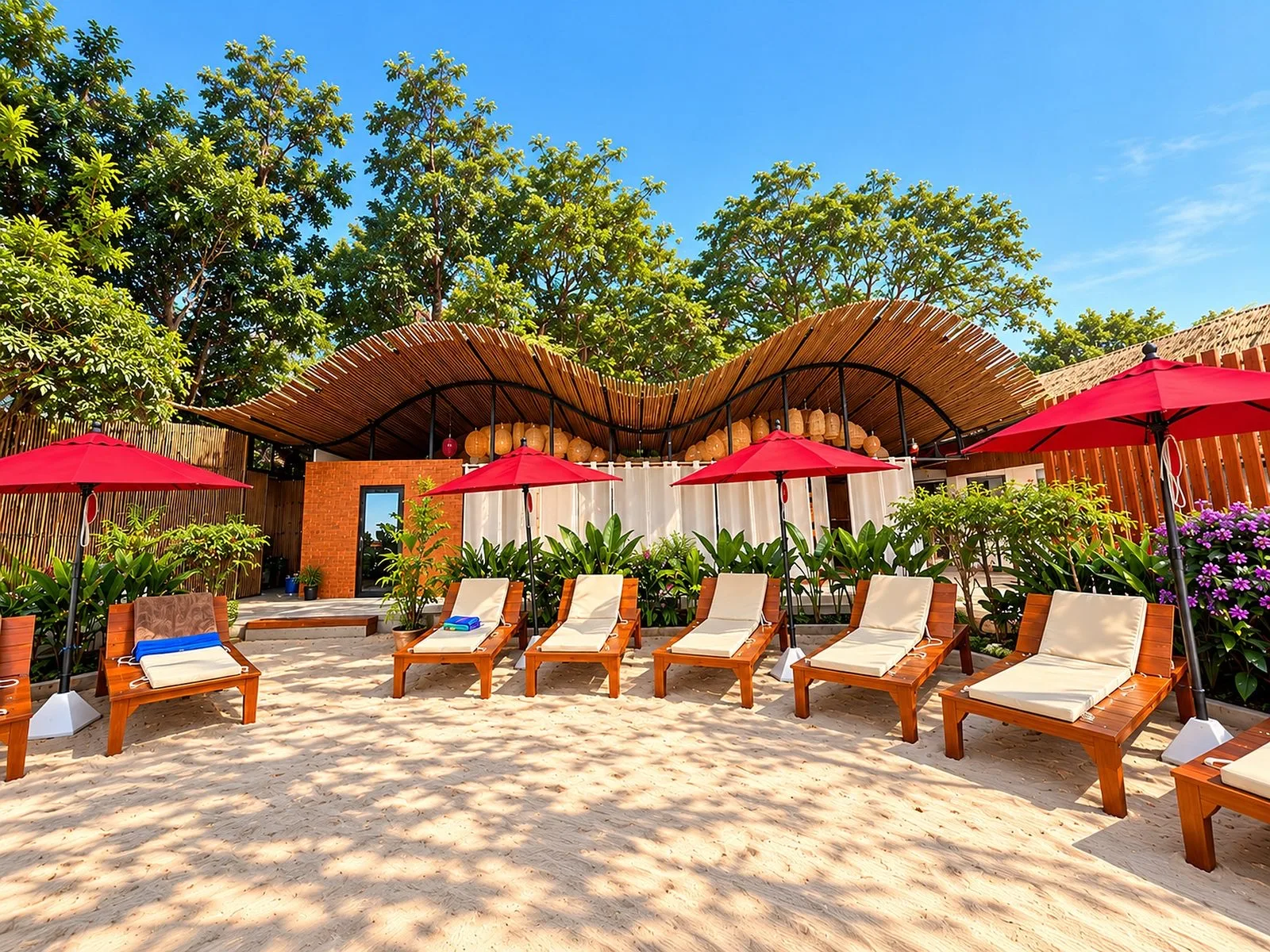 Row of sun loungers and red parasols in front of the sauna building at Mama Daeng
