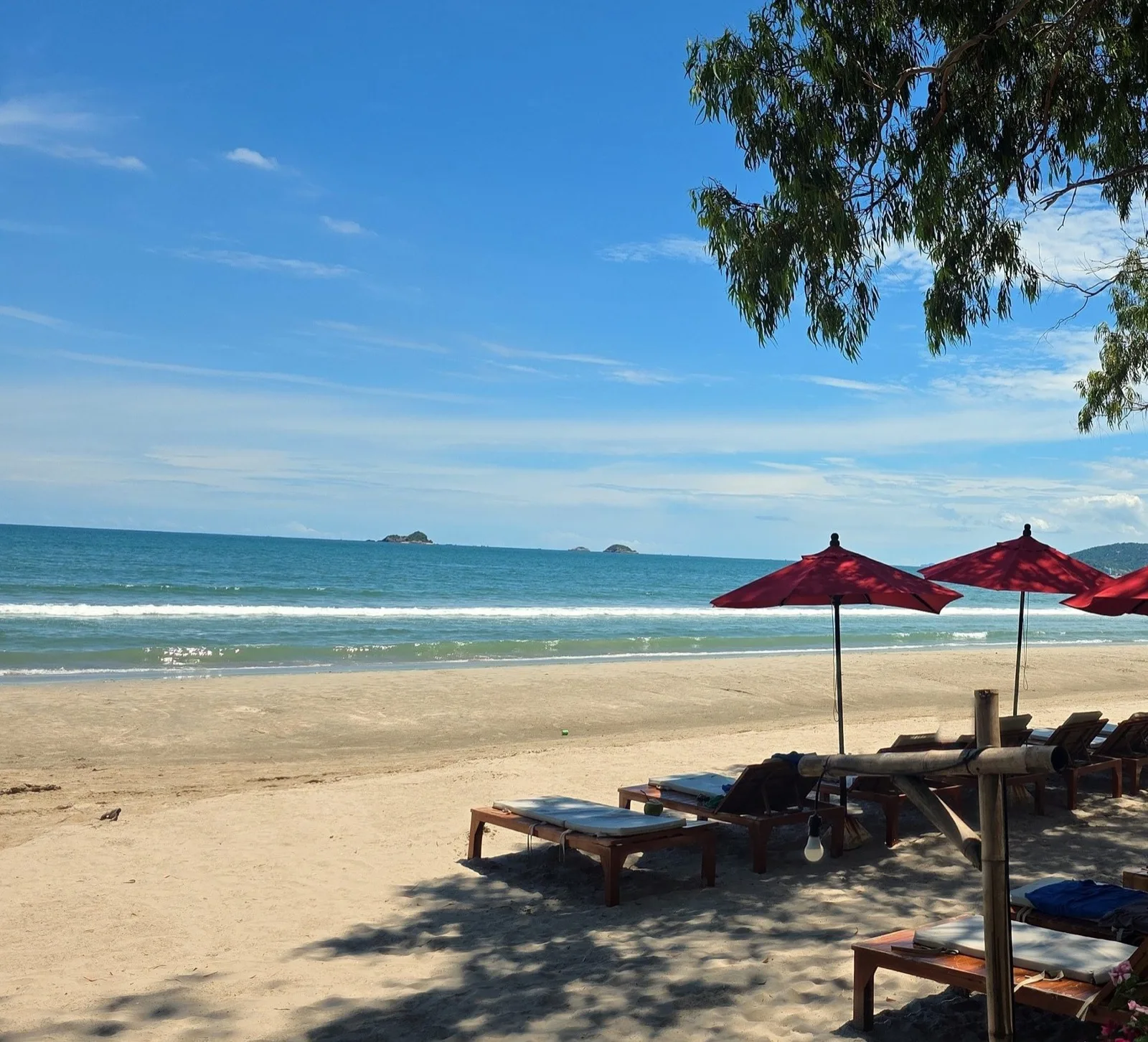 Sun beds under red umbrellas on Khao Takiab Beach at Mama Daeng Beach Sauna