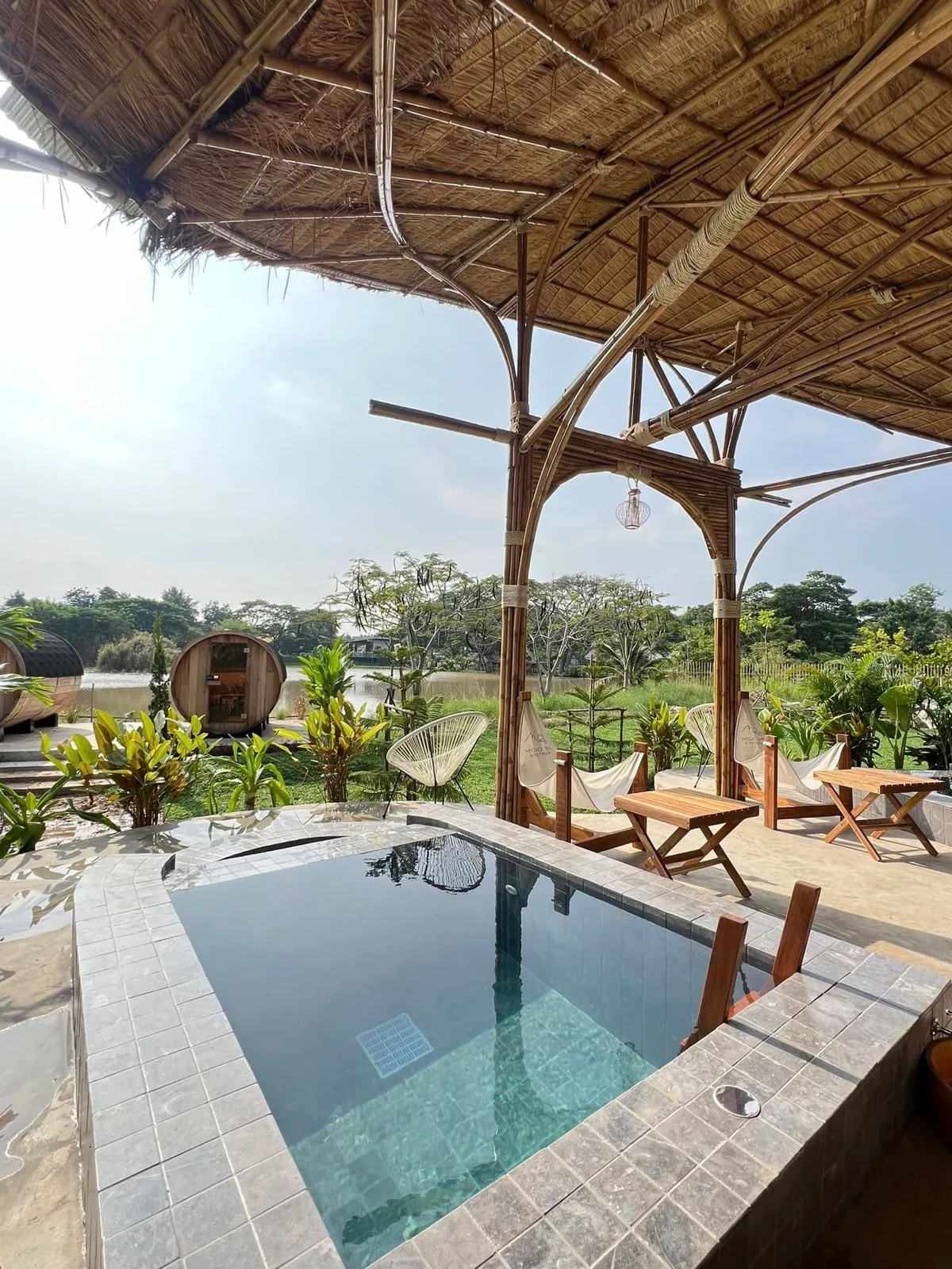 Small plunge pool under a bamboo sala at Mojo Spa and Retreat