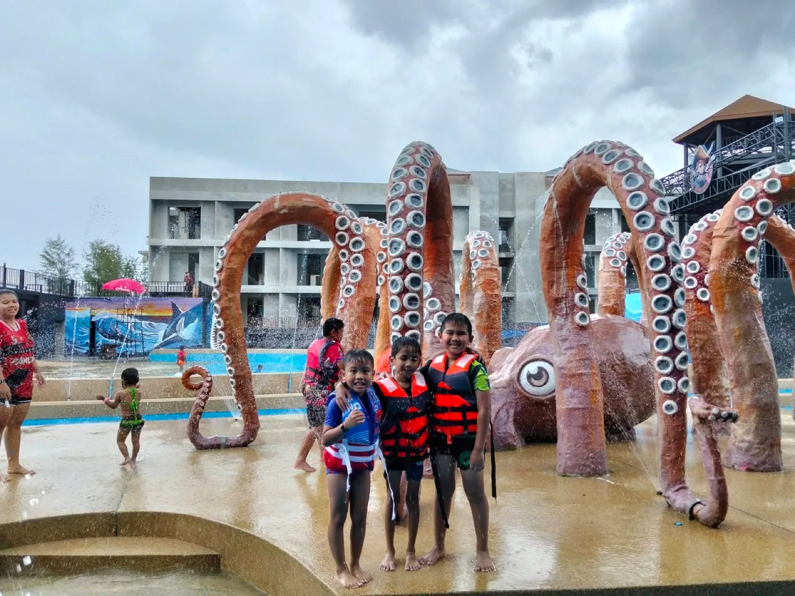 Octopus sculptures and pirate ship slides at Natural Beach Water Park, Nakhon Si Thammarat