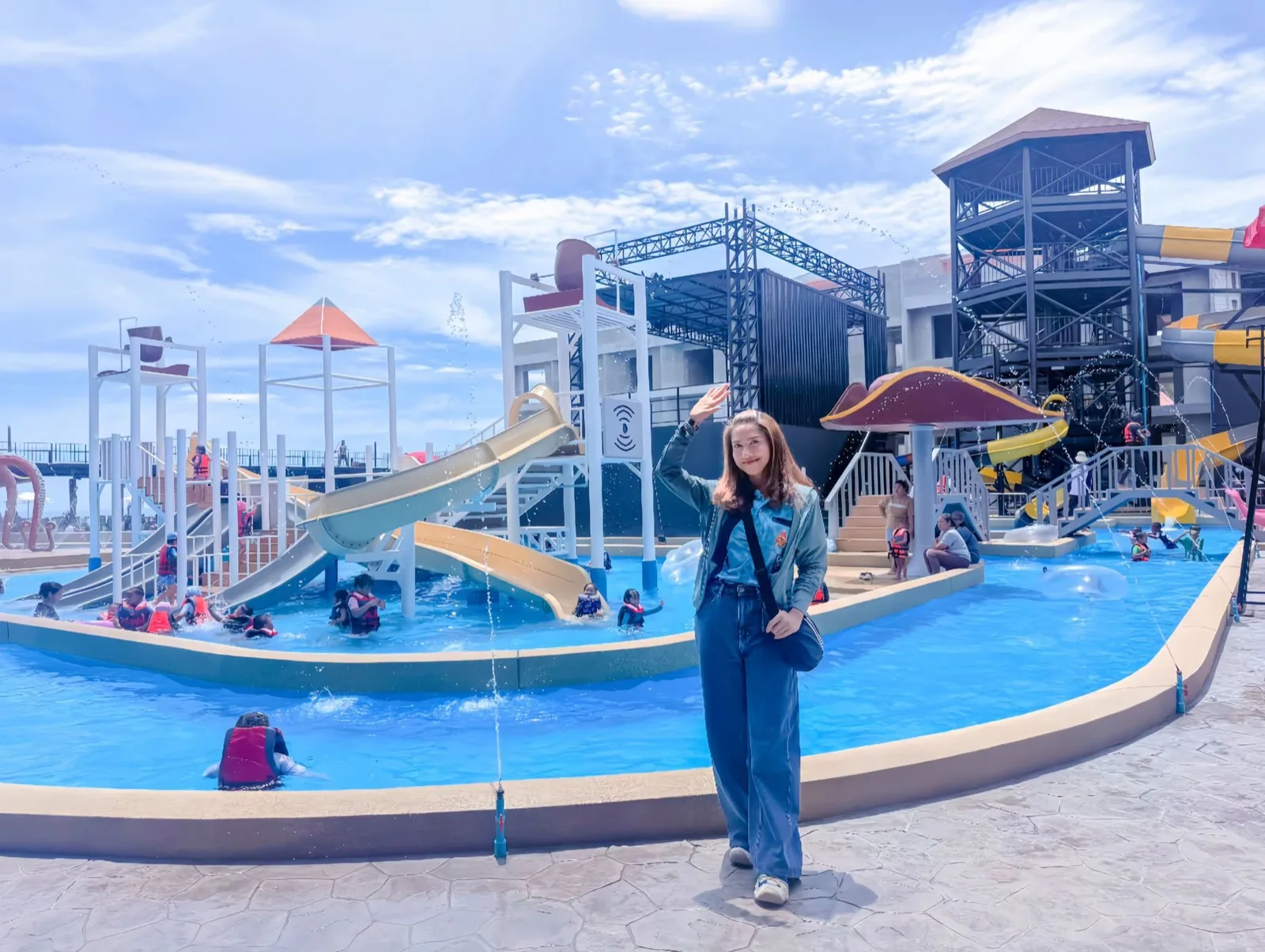Pirate ship slide tower and lazy pool at Natural Beach Resort water park, Tha Sala