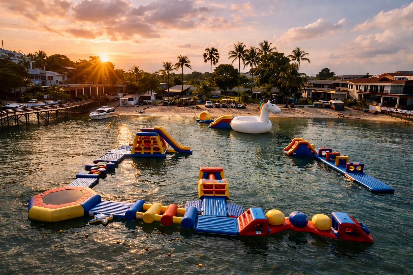 Inflatable obstacle course in the sea at sunset, Ninja Water Park Samui