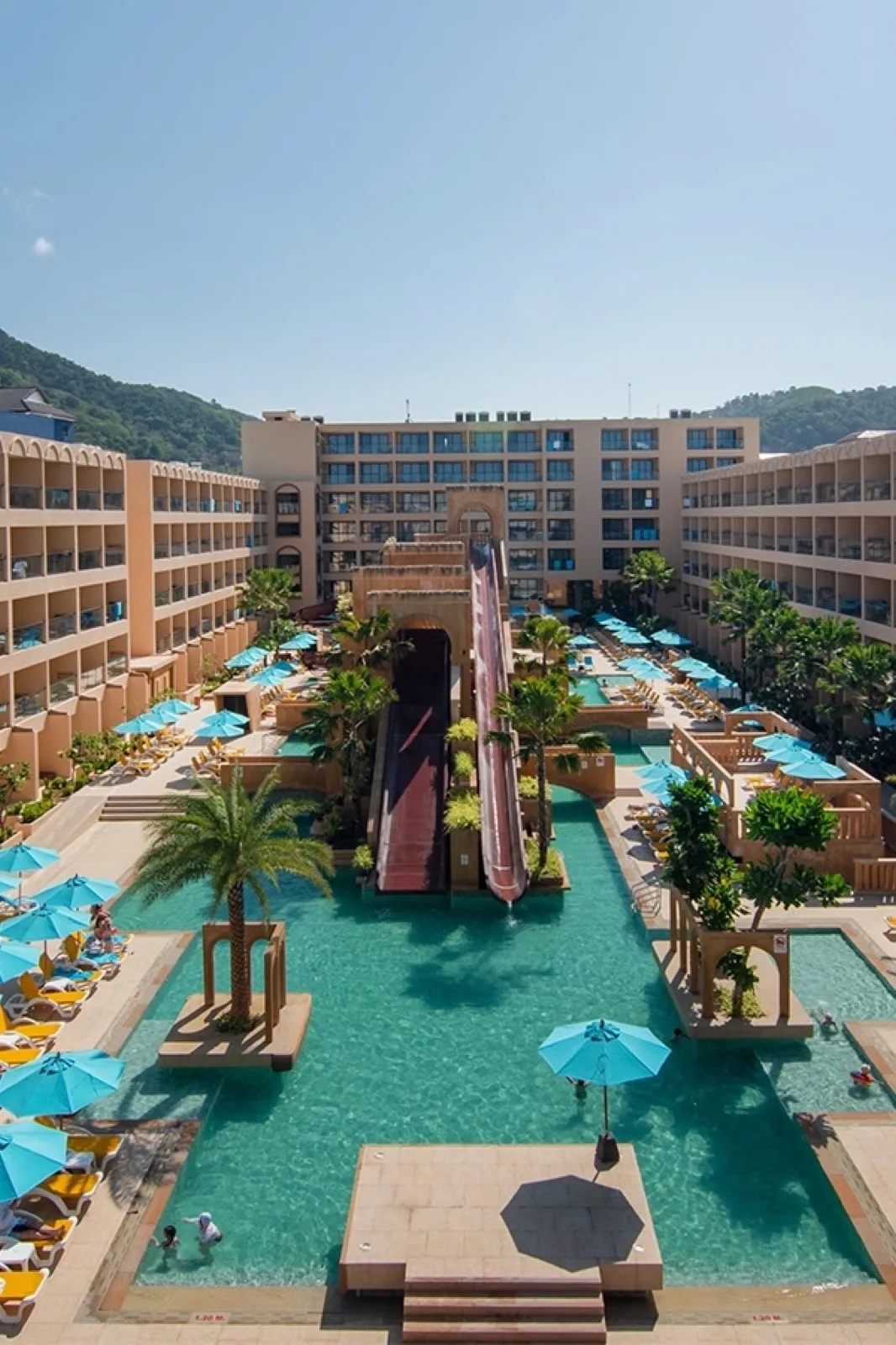 Aerial view of the Pamookkoo Adventure Pool and four-storey water slide in Kata, Phuket