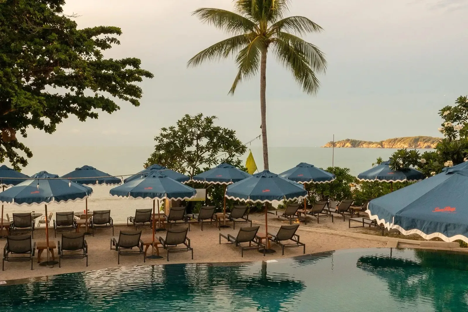 Pool with blue scalloped umbrellas and sea view at SunRay Social & Swim Club Koh Samui