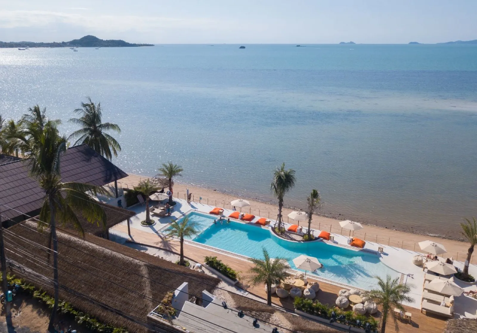 Aerial view of The Deck Beach Club pool and beachfront between Bophut and Bangrak