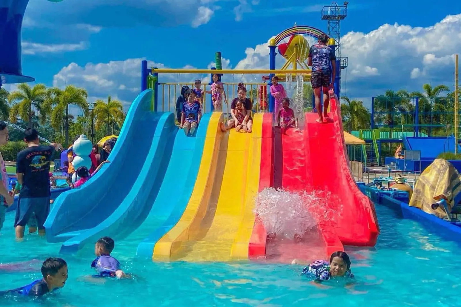 Rainbow slide tower and splash pool at Thung Song Water Park, Nakhon Si Thammarat