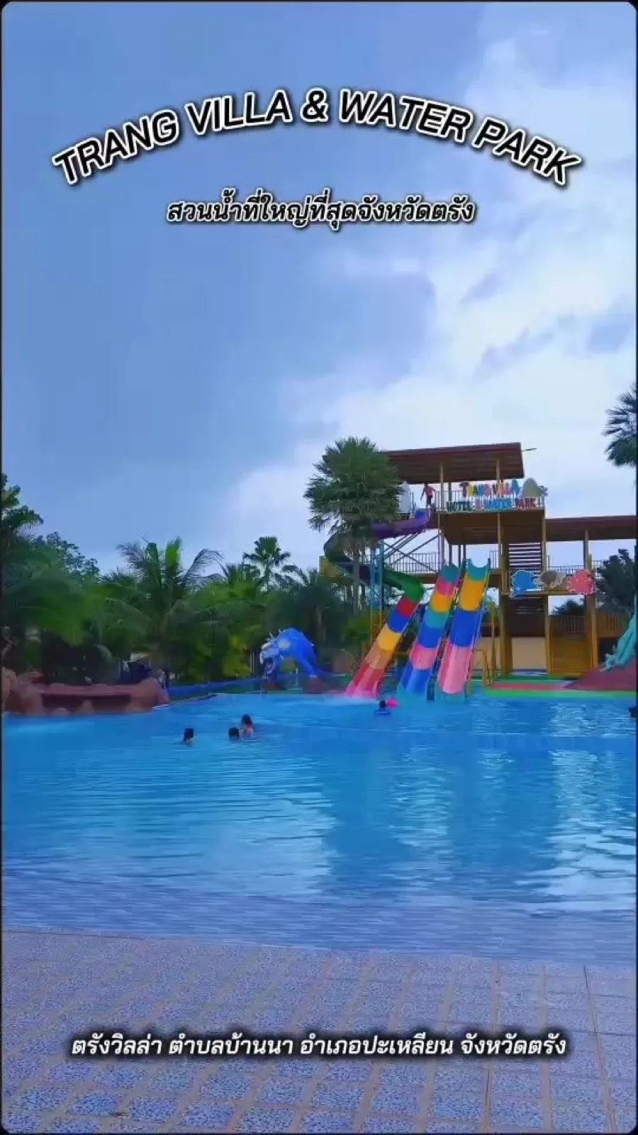 Large outdoor pool and slides at TrangVilla Hotel and Water Park