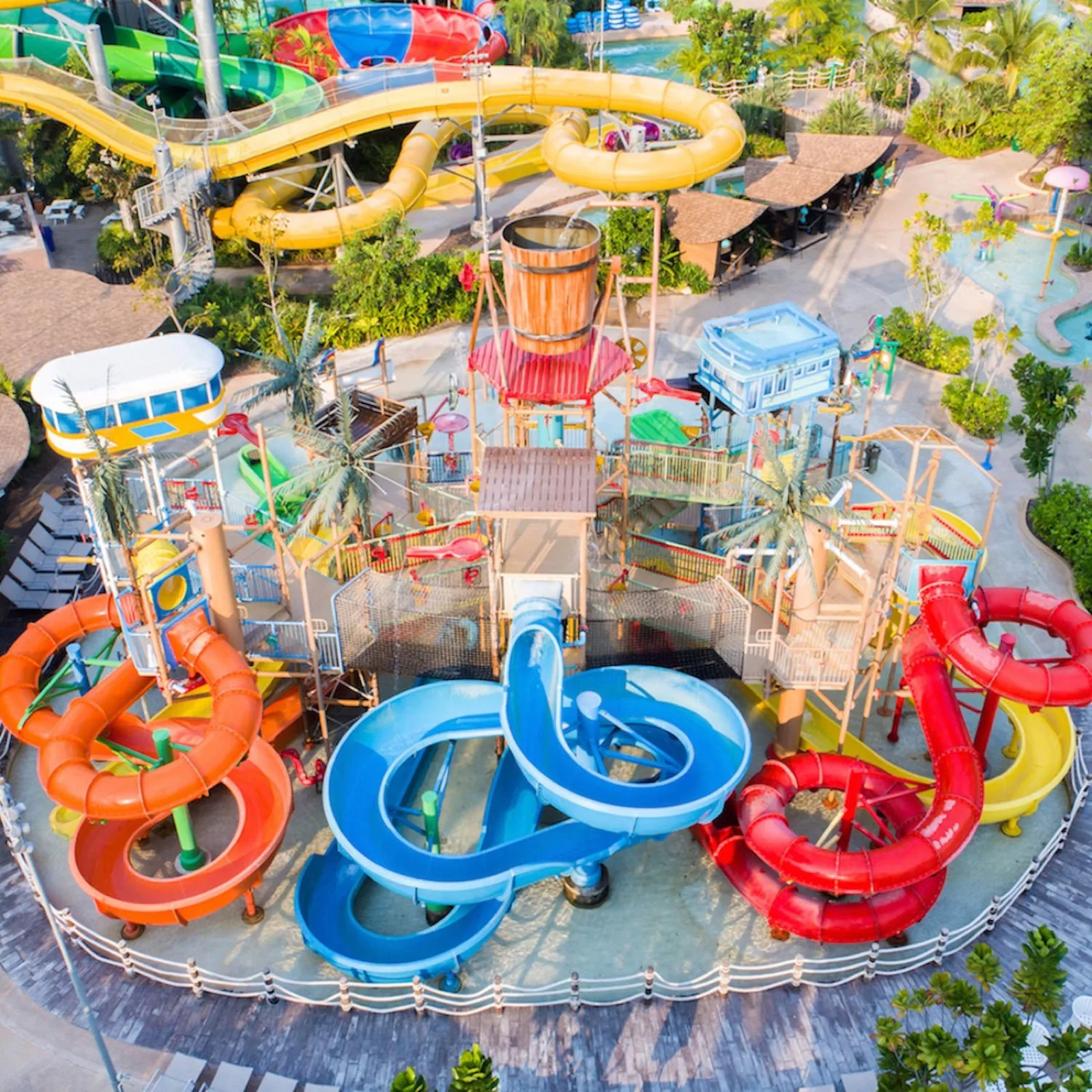 Aerial view of the colourful rain fortress and slides at Vana Nava Water Jungle in Hua Hin